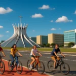 Vista de Brasília com Catedral Metropolitana ao fundo, ciclistas na ciclovia e prédios em tons pastéis