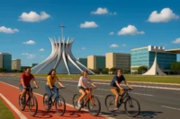 Vista de Brasília com Catedral Metropolitana ao fundo, ciclistas na ciclovia e prédios em tons pastéis