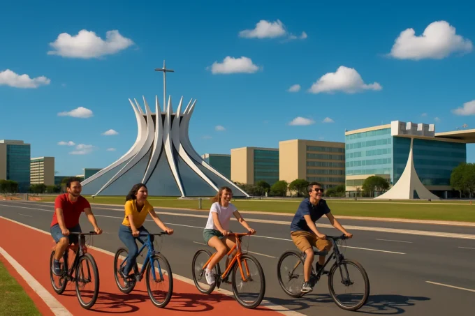 Vista de Brasília com Catedral Metropolitana ao fundo, ciclistas na ciclovia e prédios em tons pastéis