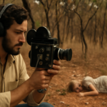 imagem de capa com cerrado seco cineasta bruno em Brasília anos 70, atmosfera de suspense, sem textos.