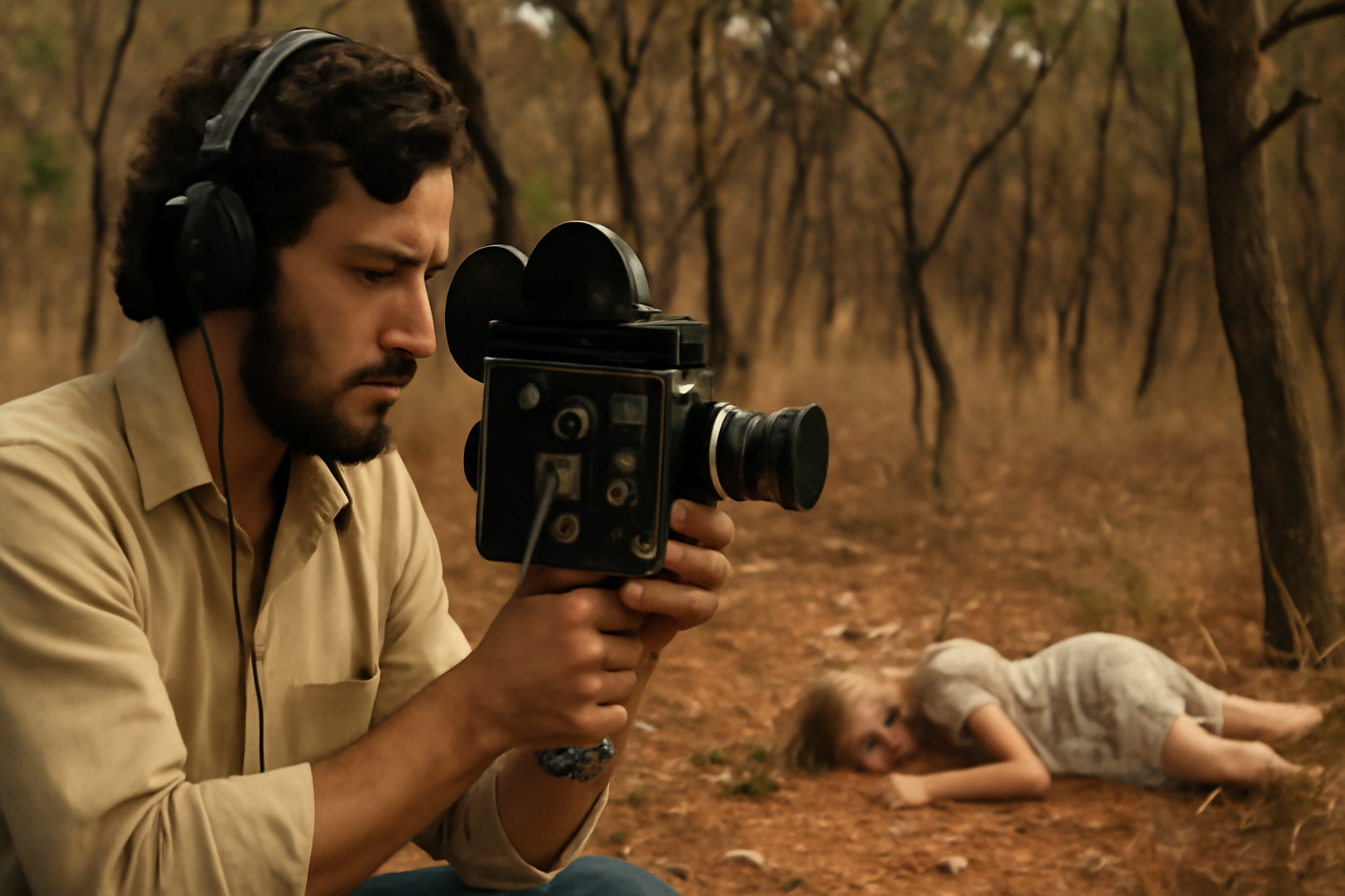 imagem de capa com cerrado seco cineasta bruno em Brasília anos 70, atmosfera de suspense, sem textos.