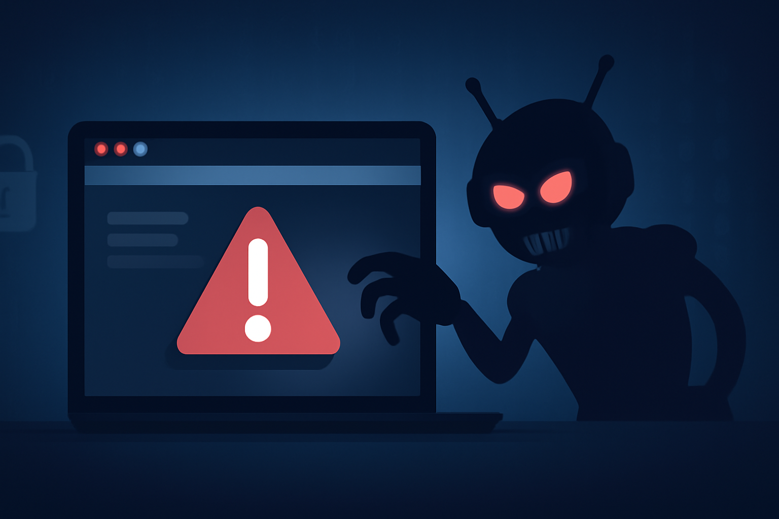 Capa horizontal sem textos escritos retrata alerta segurança seu navegador em risco e bots maliciosos
