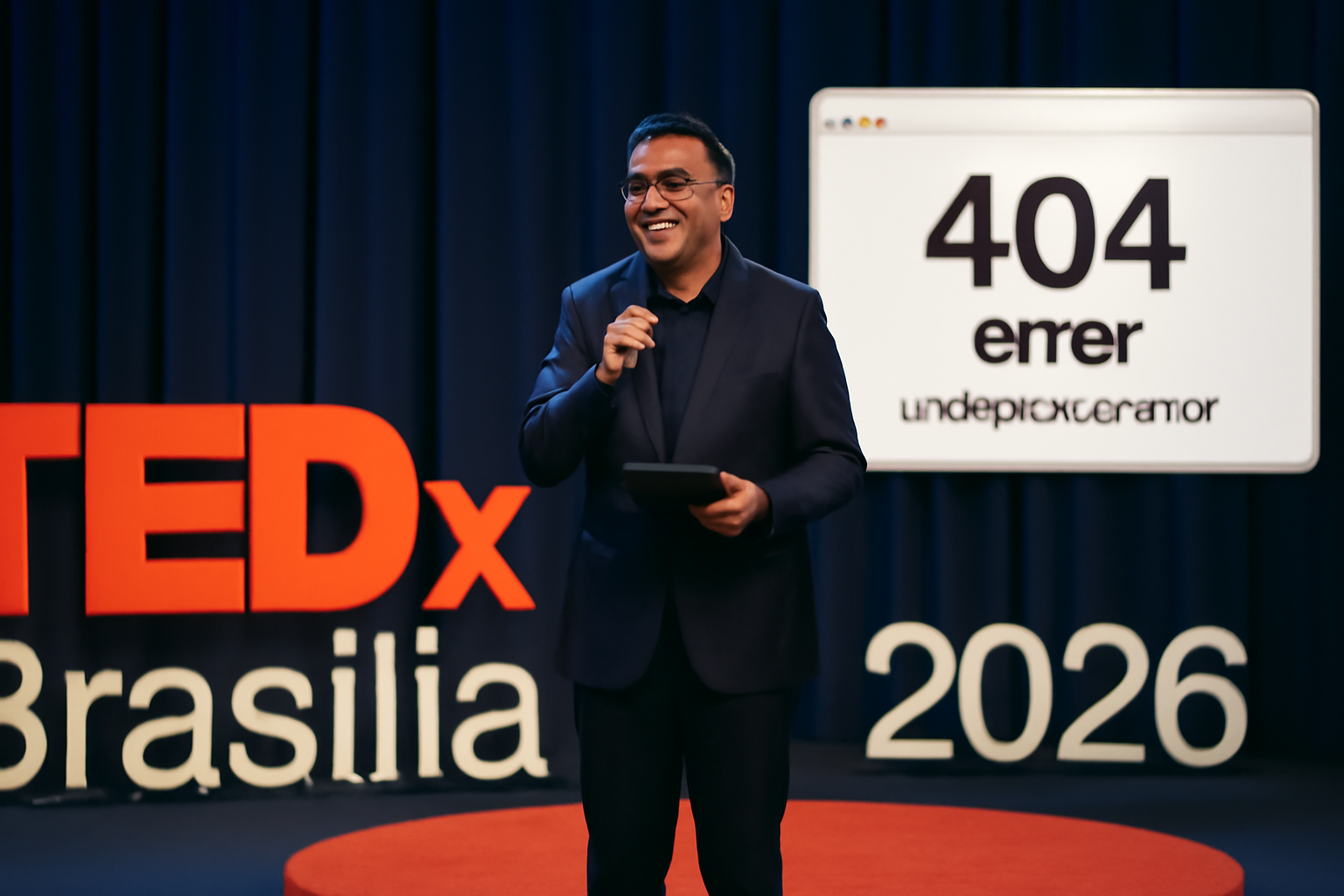 Capa 16:9 com influenciador brasília eldo gomes como mestre de cerimônias no TEDxBrasília 2026, referência a erro de site